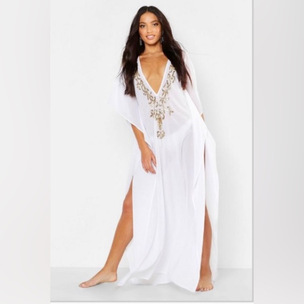 Boohoo White and Gold Sequin Kaftan Dress